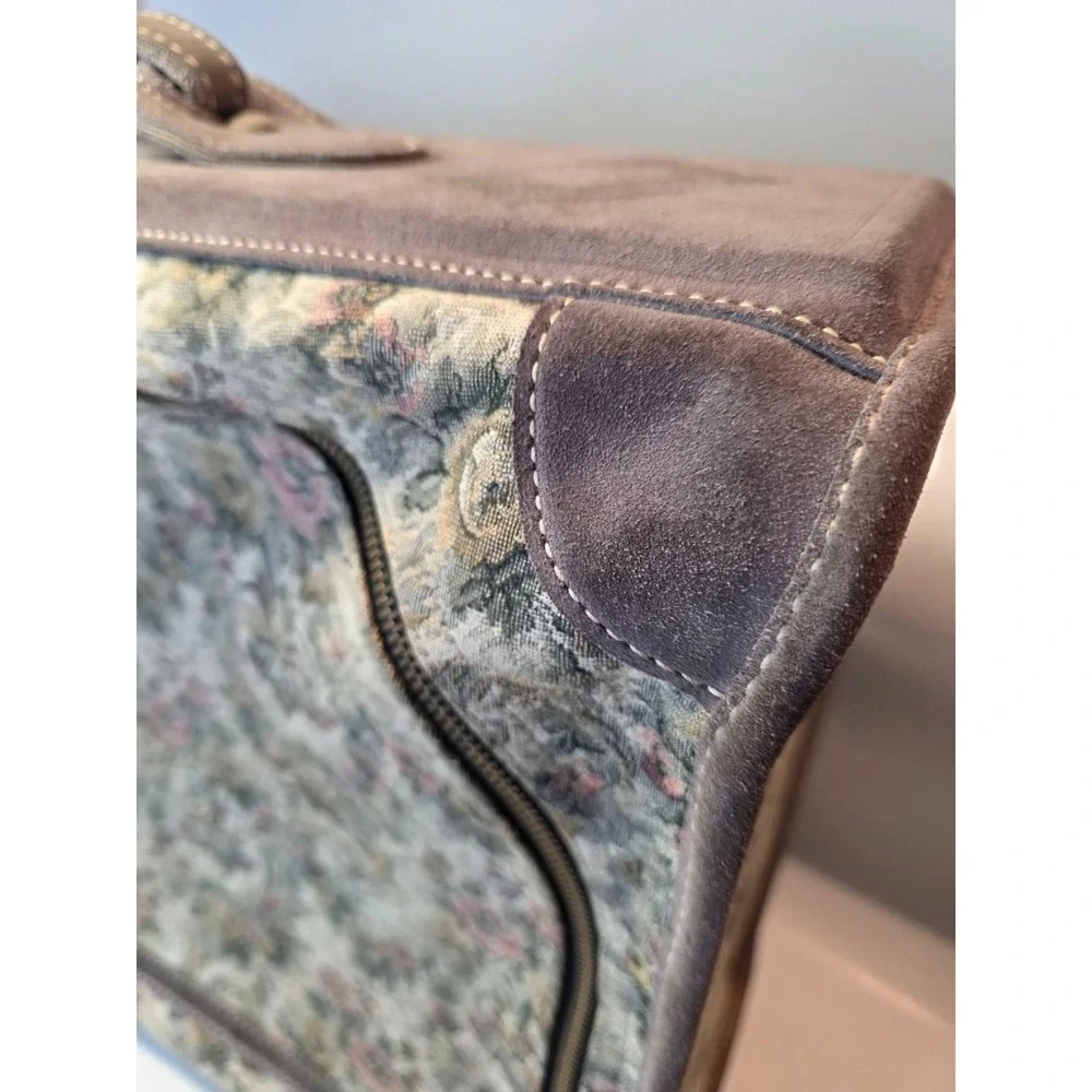 Vintage Suitcase French Luggage Co Gray Floral Rose Tapestry & Suede Leather 23
